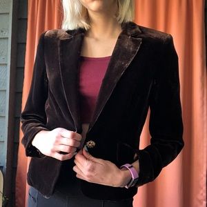 brown velvet blazer with silky patterned lining